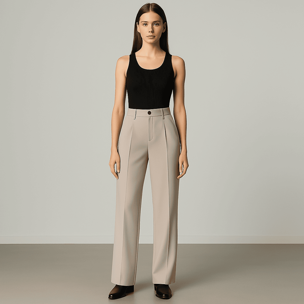 Calça Feminina Reta Bege Claro com Pregas Frontais