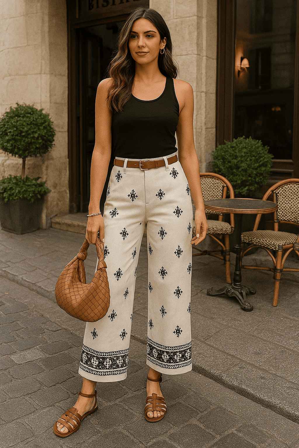 Calça Feminina Reta Estampada com Detalhe Étnico