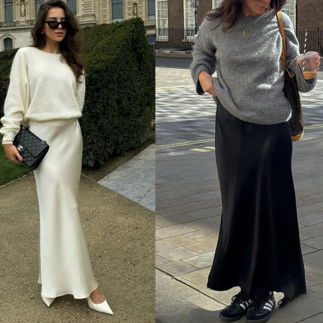 saia longa de cetim, saia vintage feminina, saia longa elegante, saia feminina acetinada, saia longa sofisticada, saia feminina para festas, saia longa casual chic, saia feminina com corte em A, saia de cetim midi, saia feminina refinada