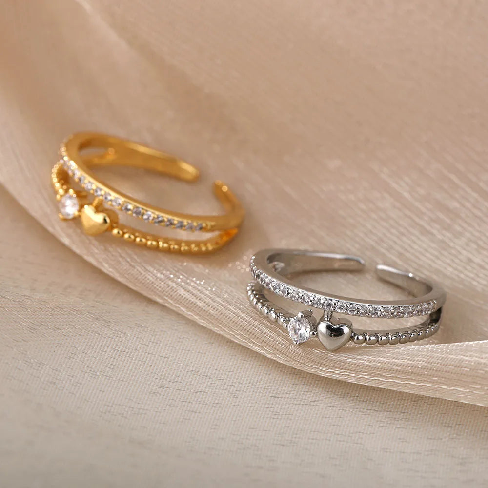 Zircão Anéis Coração para Mulheres, Aço Inoxidável, Cor do Ouro, Anel Duplo, Casamento, Noivado, Jóias Acessórios, Presente