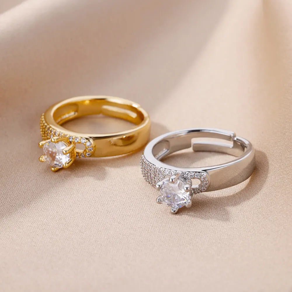 Anéis Redondos de Aço Inoxidável para Mulheres, Zircão Geométrico, Cor Dourada, Anel de Cristal, Estética, Festa de Casamento