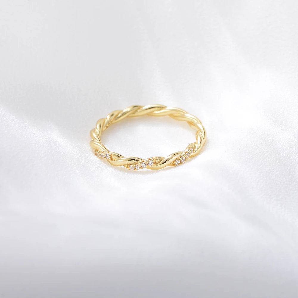 14k banhado a ouro 925 anel de prata esterlina para mulheres, zircônia cúbica jóias, torcida eternidade marca, aniversário do casamento, novo design