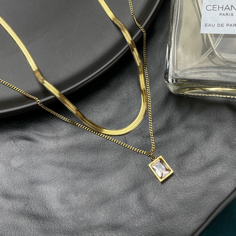 316l aço inoxidável nova moda jóias finas 2 camada geometria embutida zircão encantos corrente gargantilha colares & pingente para mulher