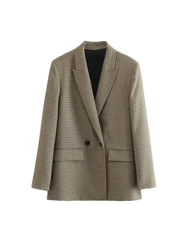 blazer feminino xadrez, blazer xadrez vintage, blazer feminino elegante, blazer feminino com lapela, blazer feminino casual chic, blazer feminino de inverno, blazer com botões duplos, blazer feminino sofisticado, blazer feminino de poliéster, blazer feminino para escritório