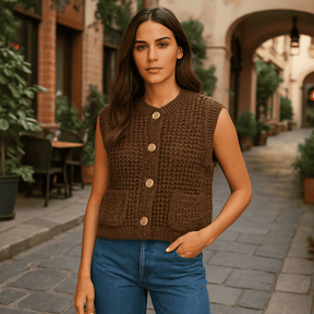 Colete Feminino de Crochê com Botões Dourados