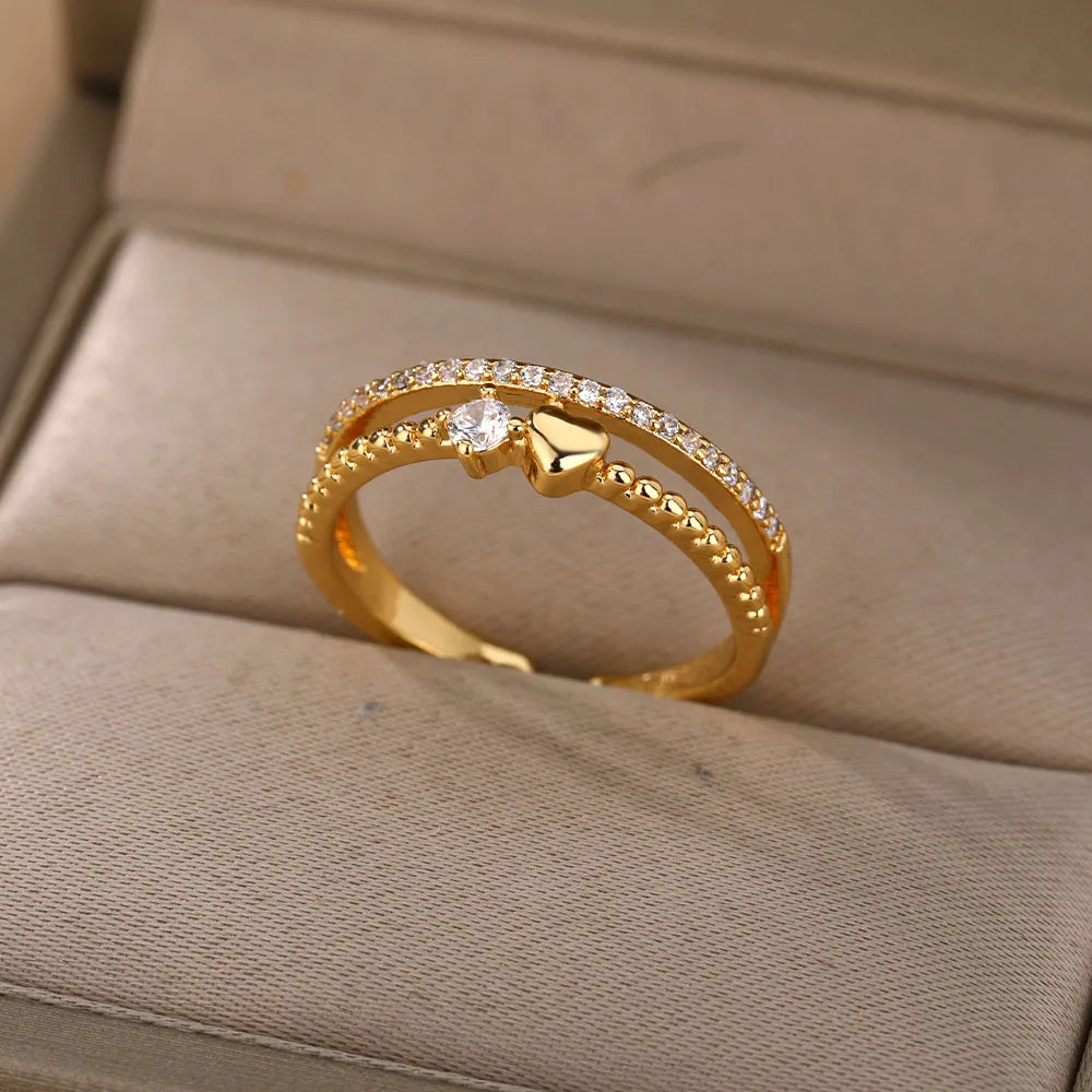 Zircão Anéis Coração para Mulheres, Aço Inoxidável, Cor do Ouro, Anel Duplo, Casamento, Noivado, Jóias Acessórios, Presente