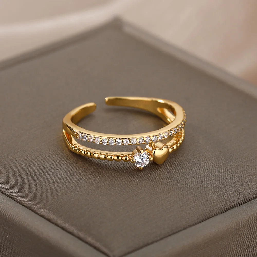 Zircão Anéis Coração para Mulheres, Aço Inoxidável, Cor do Ouro, Anel Duplo, Casamento, Noivado, Jóias Acessórios, Presente