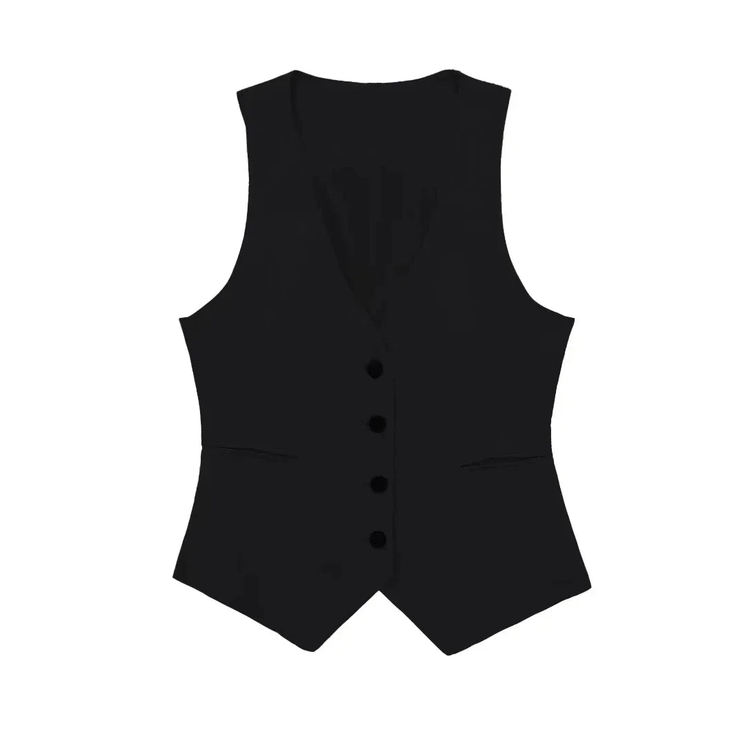 colete feminino de linho, colete feminino elegante, colete feminino sofisticado, colete feminino casual chic, colete feminino para escritório, colete feminino moderno, colete feminino com abotoamento frontal, colete feminino para dias quentes, colete feminino versátil