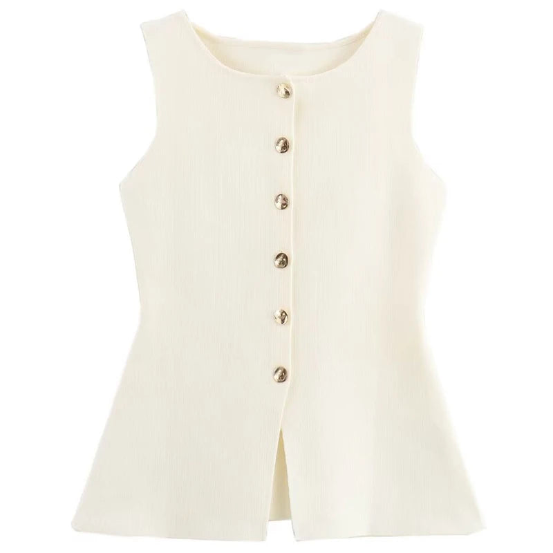 colete feminino de linho, colete feminino elegante, colete feminino sofisticado, colete feminino casual chic, colete feminino para escritório, colete feminino moderno, colete feminino com abotoamento frontal, colete feminino para dias quentes, colete feminino versátil