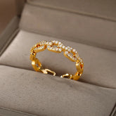 Anel de Corrente Cubana Zircão Brilhante para Mulheres, Cor Dourada, Aço Inoxidável, Geométrica, Casamento, Festa de Noivado, Presente Jóias