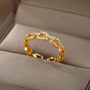 Anel de Corrente Cubana Zircão Brilhante para Mulheres, Cor Dourada, Aço Inoxidável, Geométrica, Casamento, Festa de Noivado, Presente Jóias