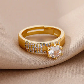 Anéis Redondos de Aço Inoxidável para Mulheres, Zircão Geométrico, Cor Dourada, Anel de Cristal, Estética, Festa de Casamento