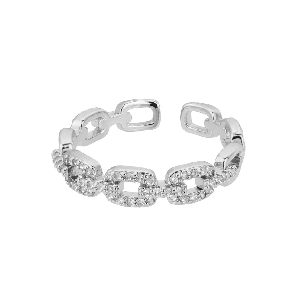 Anel de Corrente Cubana Zircão Brilhante para Mulheres, Cor Dourada, Aço Inoxidável, Geométrica, Casamento, Festa de Noivado, Presente Jóias
