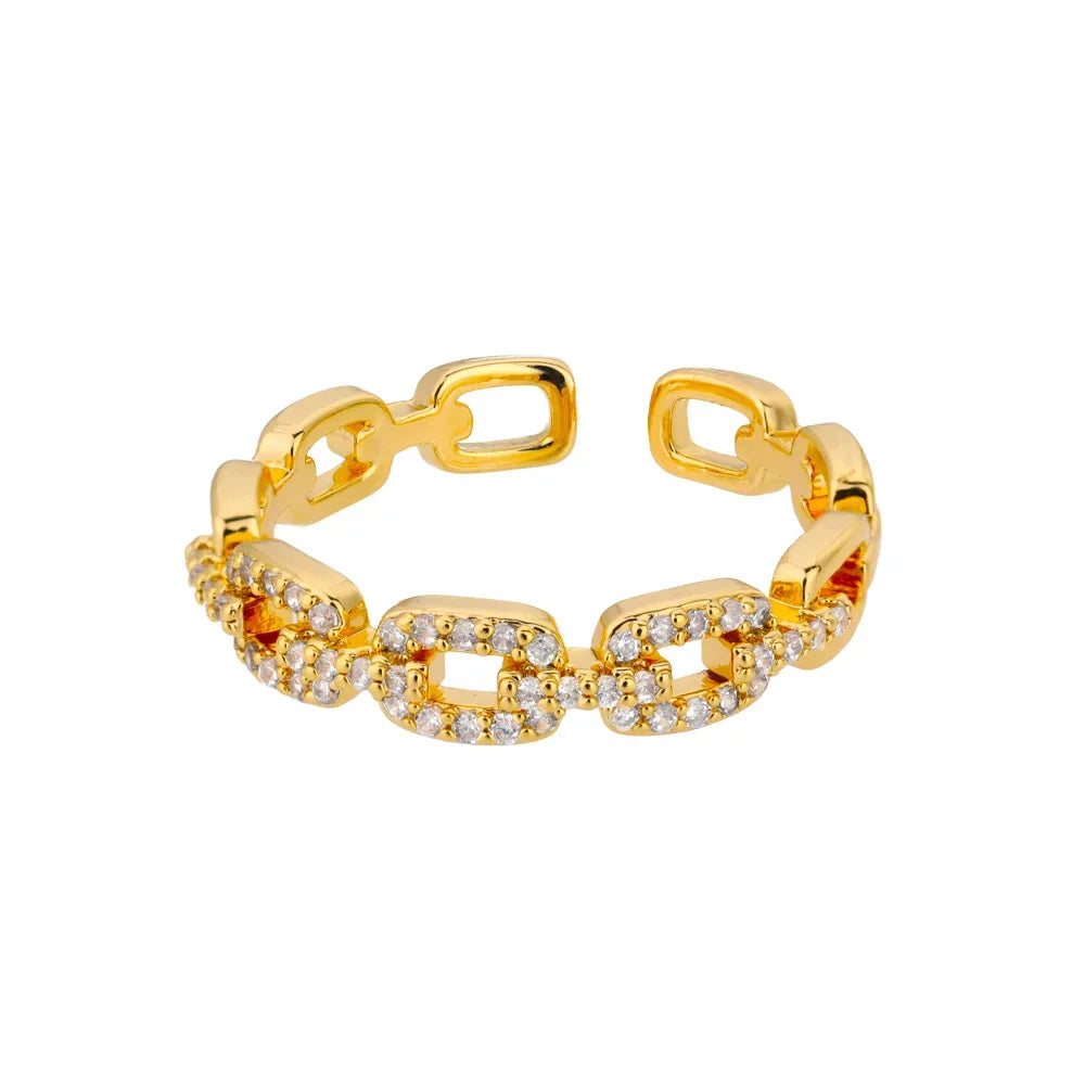 Anel de Corrente Cubana Zircão Brilhante para Mulheres, Cor Dourada, Aço Inoxidável, Geométrica, Casamento, Festa de Noivado, Presente Jóias