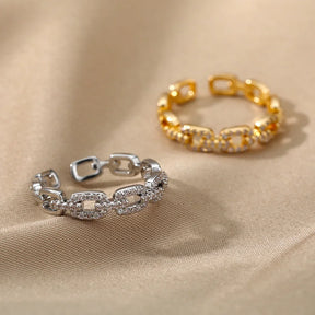 Anel de Corrente Cubana Zircão Brilhante para Mulheres, Cor Dourada, Aço Inoxidável, Geométrica, Casamento, Festa de Noivado, Presente Jóias