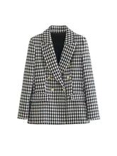 blazer feminino manga longa, blazer feminino xadrez, blazer pied de poule, blazer feminino vintage, blazer feminino elegante, blazer feminino de inverno, blazer com botão duplo, blazer feminino clássico, blazer feminino sofisticado, blazer feminino para escritório