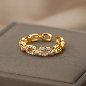 Anel de Corrente Cubana Zircão Brilhante para Mulheres, Cor Dourada, Aço Inoxidável, Geométrica, Casamento, Festa de Noivado, Presente Jóias