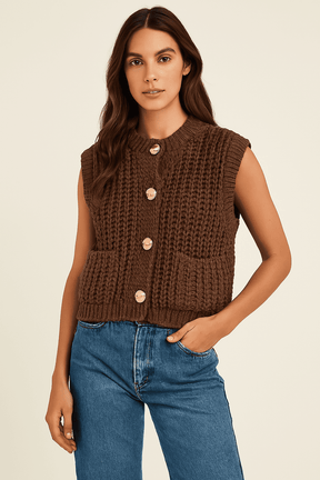 Colete Feminino de Crochê com Botões Dourados